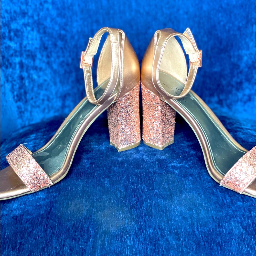 Sparkly Hot Pink Glitter Open Toe Ankle Strap Block Heels - Picture 5 of 9